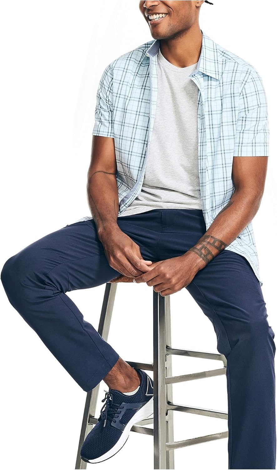 image:imageNautica Mens Navtech Slim Fit Plaid ShortSleeve ShirtSoft Blue