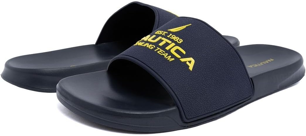 image:imageNautica Mens Open Toe Slide Sandals Comfortable Indoor amp Outdoor Shower SlippersNavy Yellowsherwood