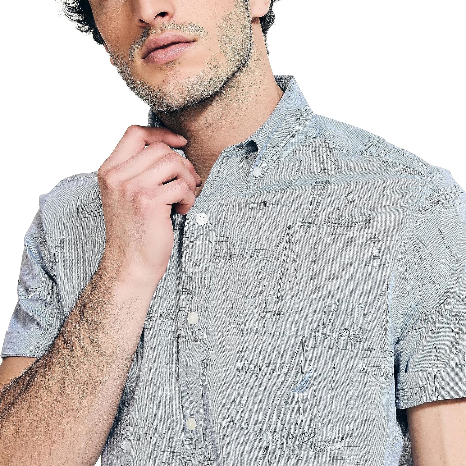 image:imageNautica Mens Printed Chambray ShortSleeve ShirtEnsign Blue