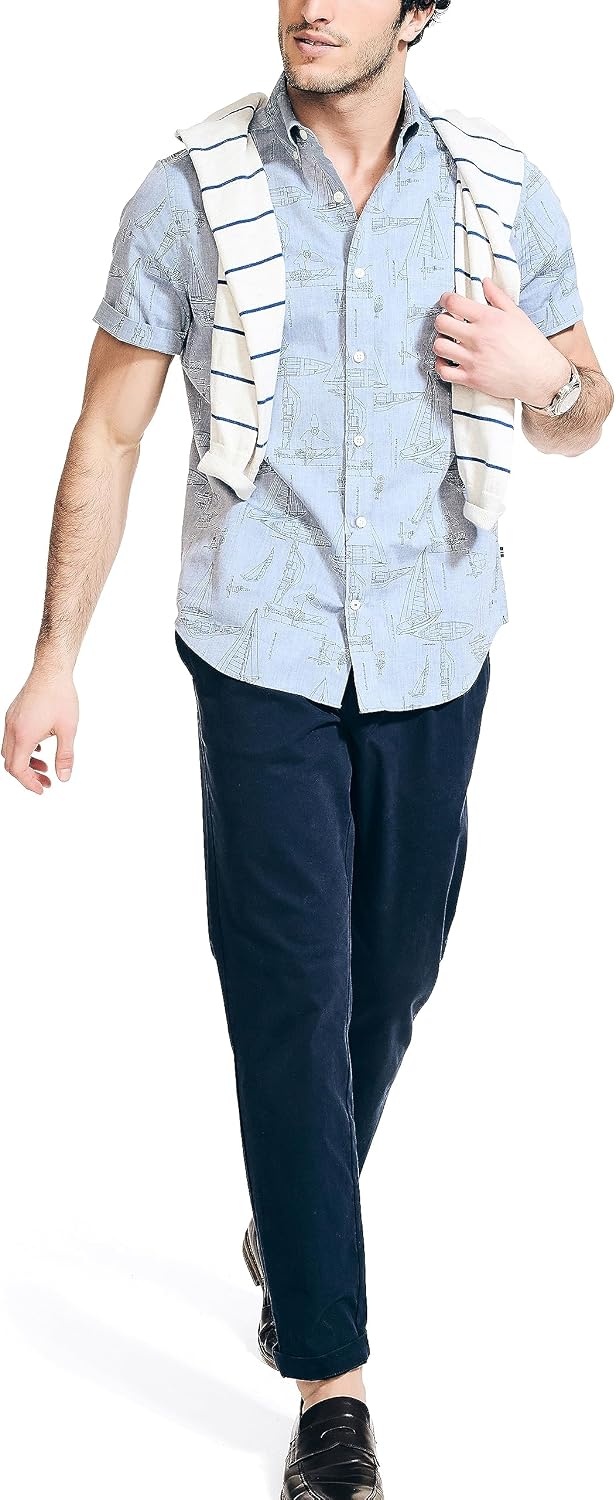 image:imageNautica Mens Printed Chambray ShortSleeve ShirtEnsign Blue