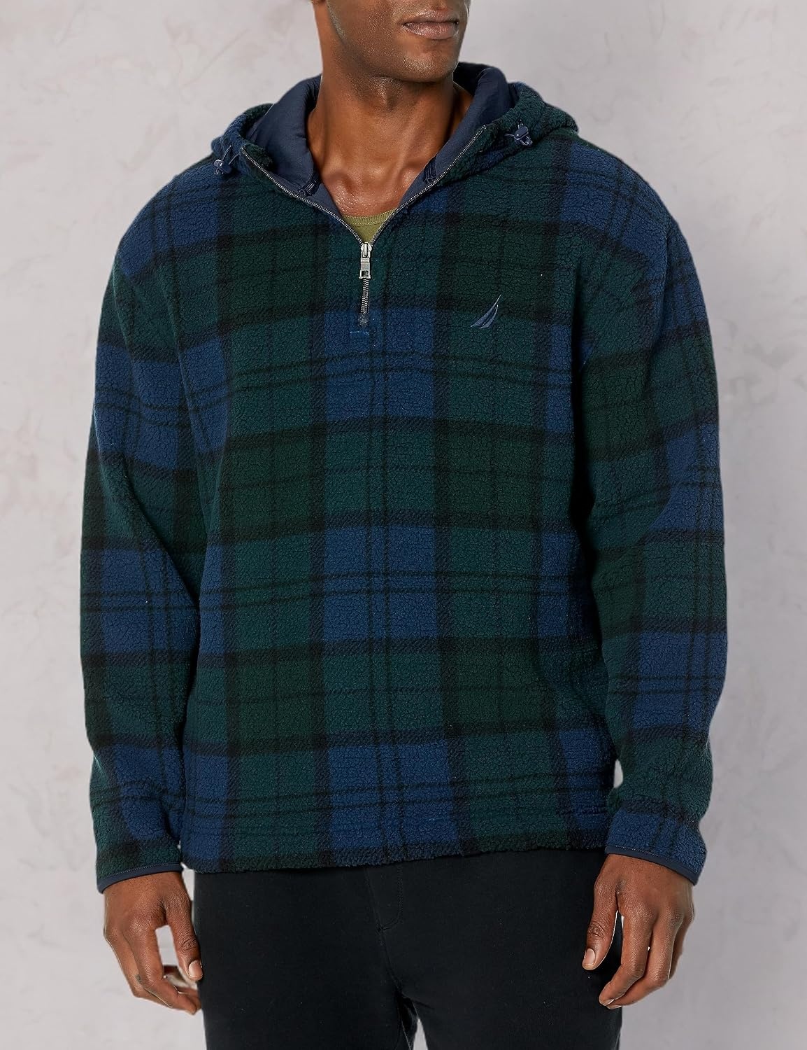 image:imageNautica Mens Printed Faux Shearling Quarterzip HoodieBayou Green