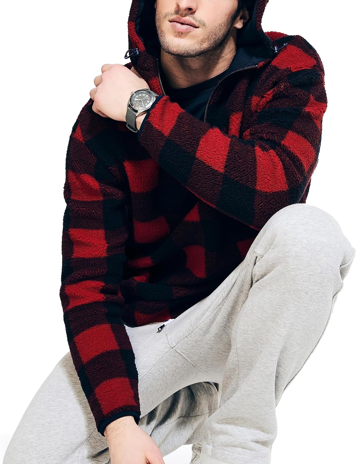 image:imageNautica Mens Printed Faux Shearling Quarterzip HoodieNautica Red
