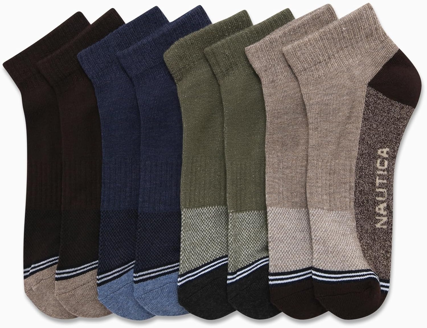 image:imageNautica Mens Quarter Socks 8 Pack Comfort Stretch Cushioned MoistureWicking Athletic Ankle Socks for Men Sizes 6125Brown Assorted
