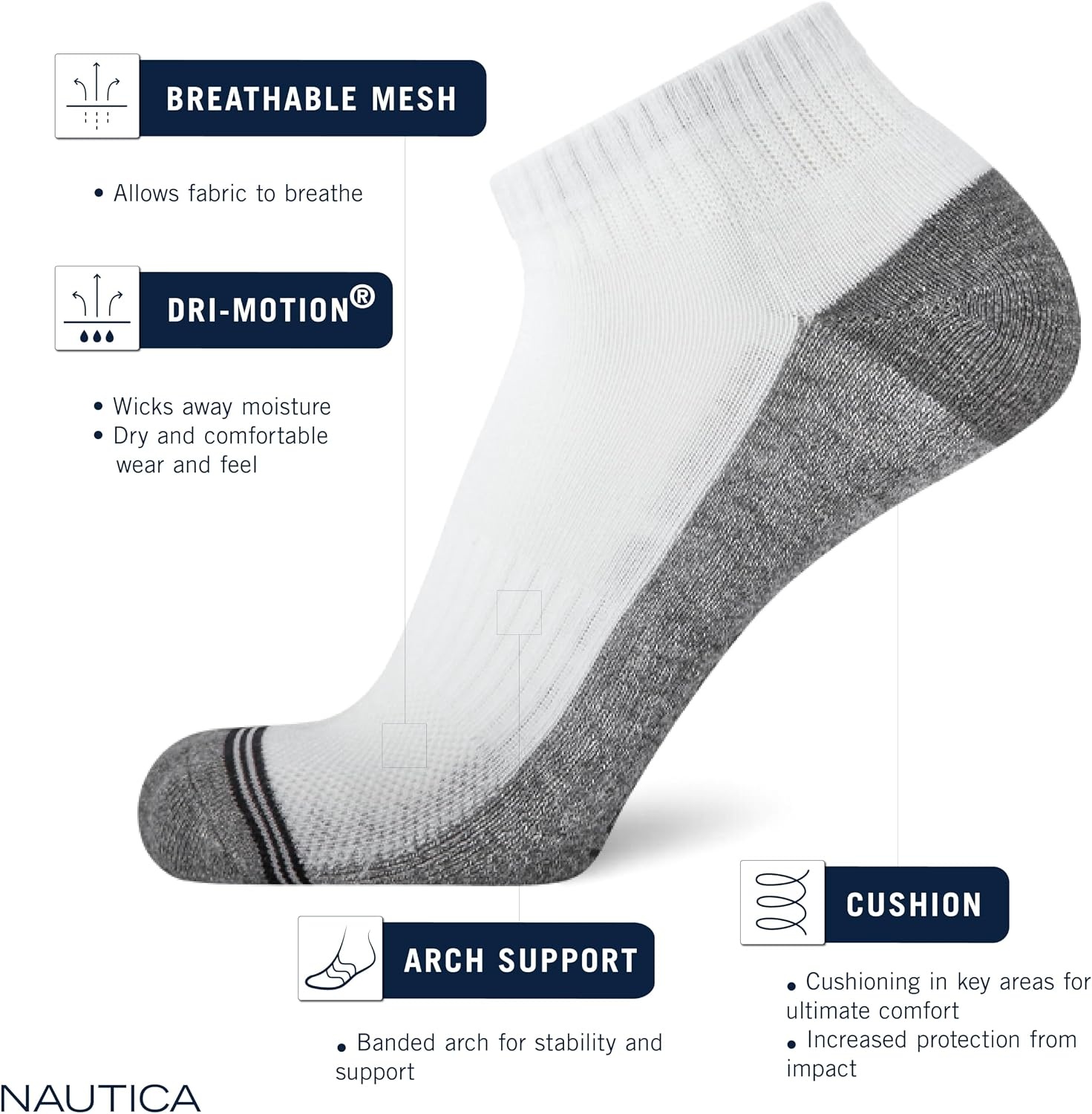 image:imageNautica Mens Quarter Socks 8 Pack Comfort Stretch Cushioned MoistureWicking Athletic Ankle Socks for Men Sizes 6125Brown Assorted