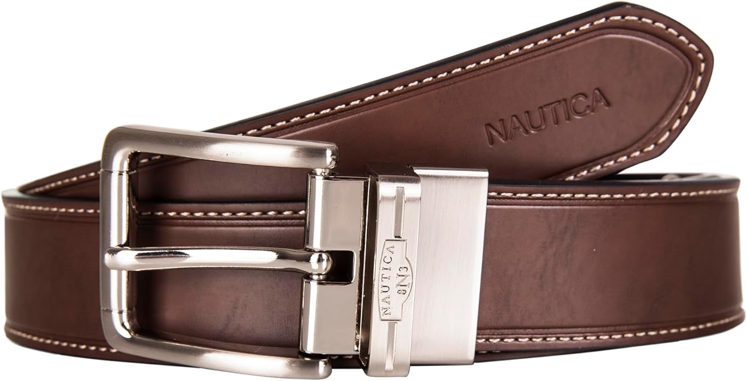 image:imageNautica Mens Reversible Leather Belt 2in1 Classic Everyday Business Work Dress Casual Metal BuckleCasual Leather BlackBrown