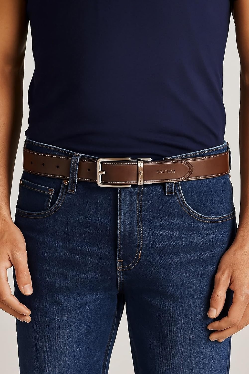 image:imageNautica Mens Reversible Leather Belt 2in1 Classic Everyday Business Work Dress Casual Metal BuckleCasual Leather BlackBrown