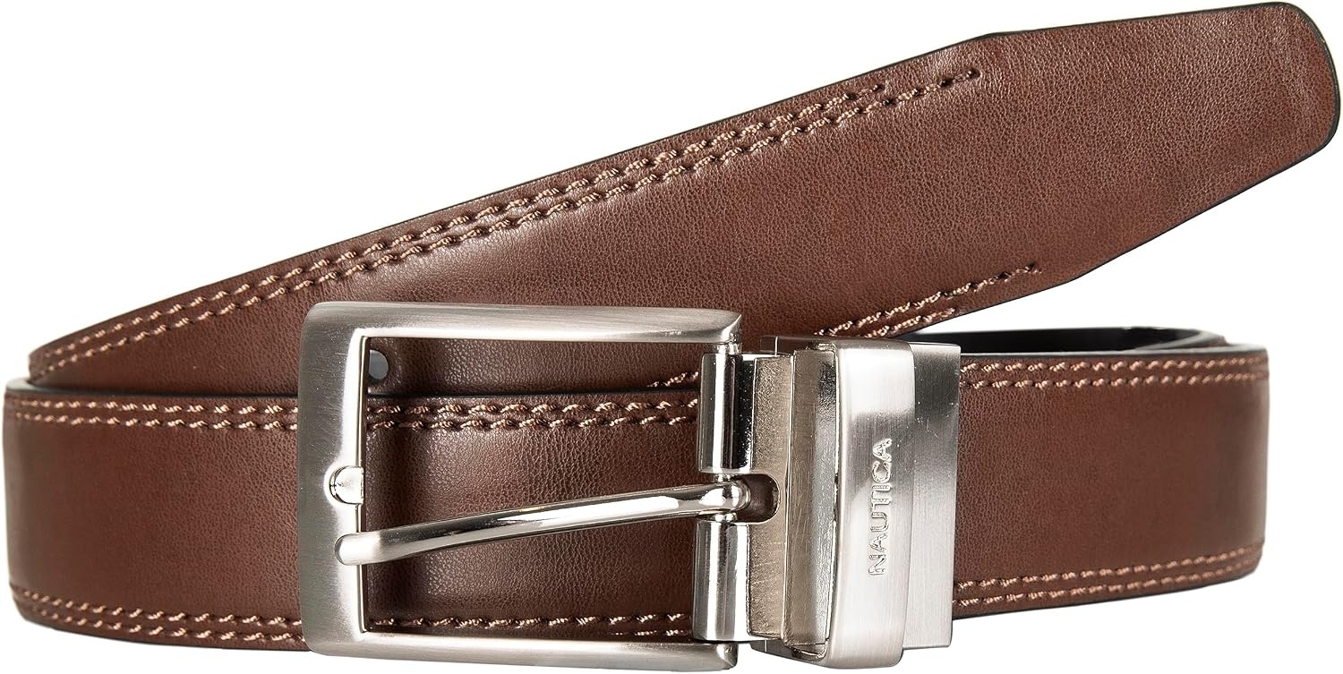 image:imageNautica Mens Reversible Leather Belt 2in1 Classic Everyday Business Work Dress Casual Metal BuckleDouble Stitch BlackBrown