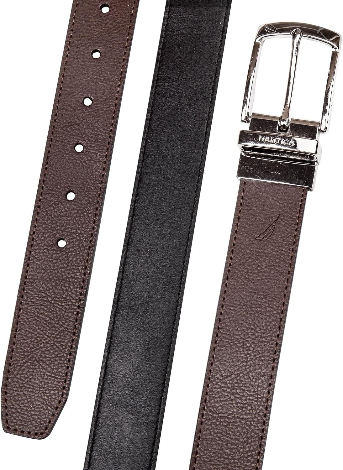 image:imageNautica Mens Reversible Leather Belt 2in1 Classic Everyday Business Work Dress Casual Metal BuckleEngraved BrownBlack