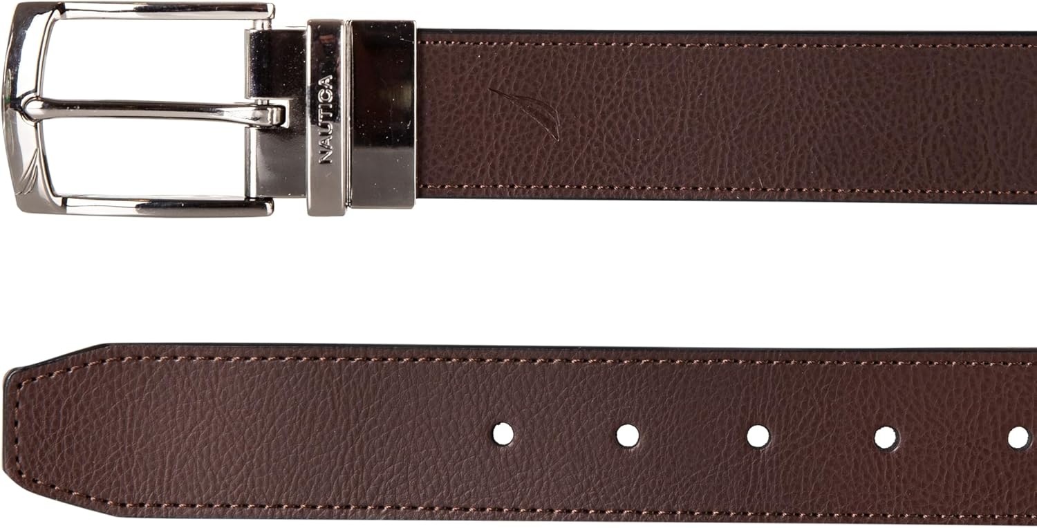 image:imageNautica Mens Reversible Leather Belt 2in1 Classic Everyday Business Work Dress Casual Metal BuckleEngraved BrownBlack