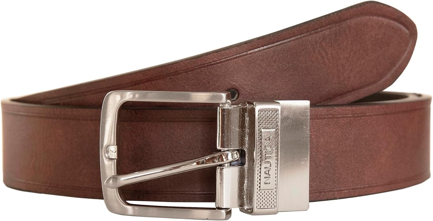 image:imageNautica Mens Reversible Leather Belt 2in1 Classic Everyday Business Work Dress Casual Metal BuckleEngraved Keeper BlackBrown