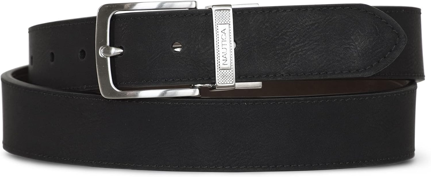 image:imageNautica Mens Reversible Leather Belt 2in1 Classic Everyday Business Work Dress Casual Metal BuckleEngraved Keeper BlackBrown