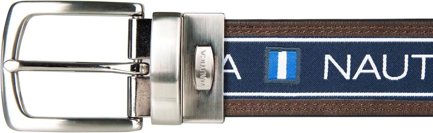 image:imageNautica Mens Reversible Leather Belt 2in1 Classic Everyday Business Work Dress Casual Metal BuckleFlag Logo Brown