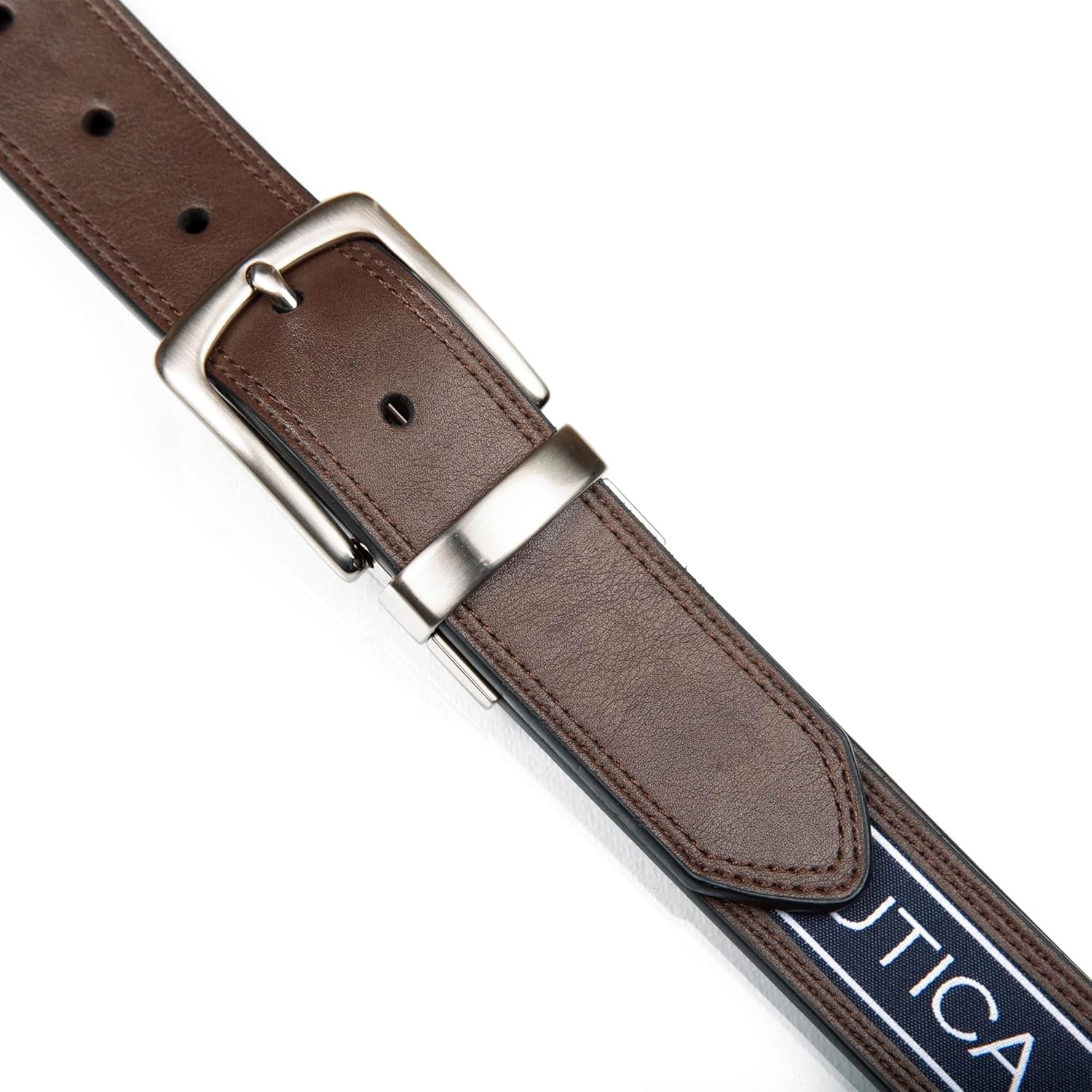 image:imageNautica Mens Reversible Leather Belt 2in1 Classic Everyday Business Work Dress Casual Metal BuckleFlag Logo Brown