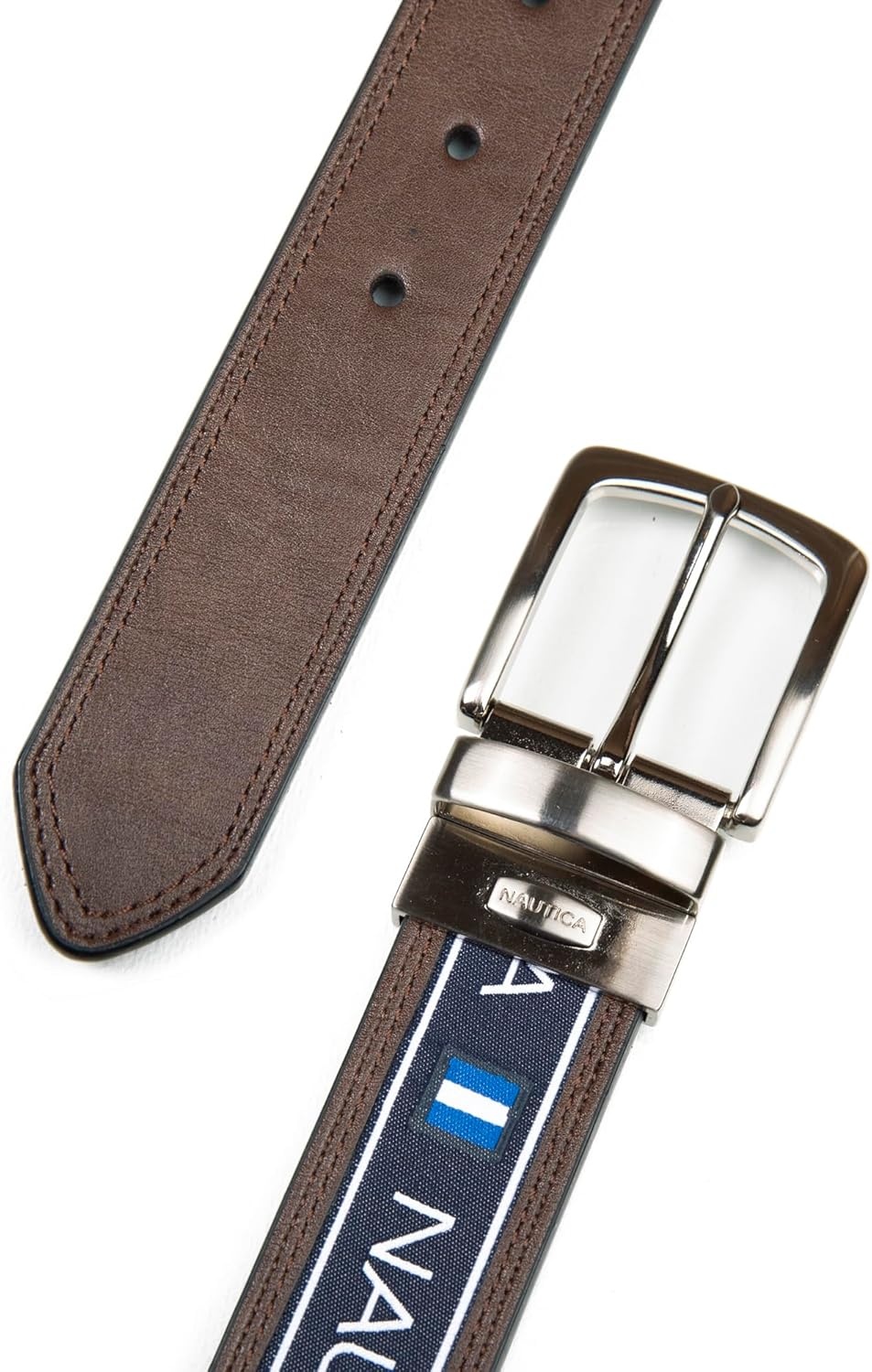 image:imageNautica Mens Reversible Leather Belt 2in1 Classic Everyday Business Work Dress Casual Metal BuckleFlag Logo Brown