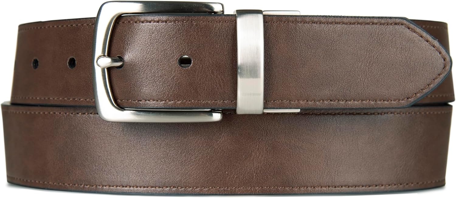 image:imageNautica Mens Reversible Leather Belt 2in1 Classic Everyday Business Work Dress Casual Metal BuckleFlag Logo Brown