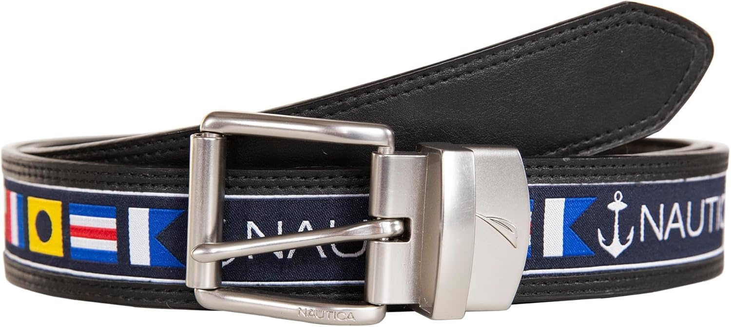image:imageNautica Mens Reversible Leather Belt 2in1 Classic Everyday Business Work Dress Casual Metal BuckleFlag Pattern Black
