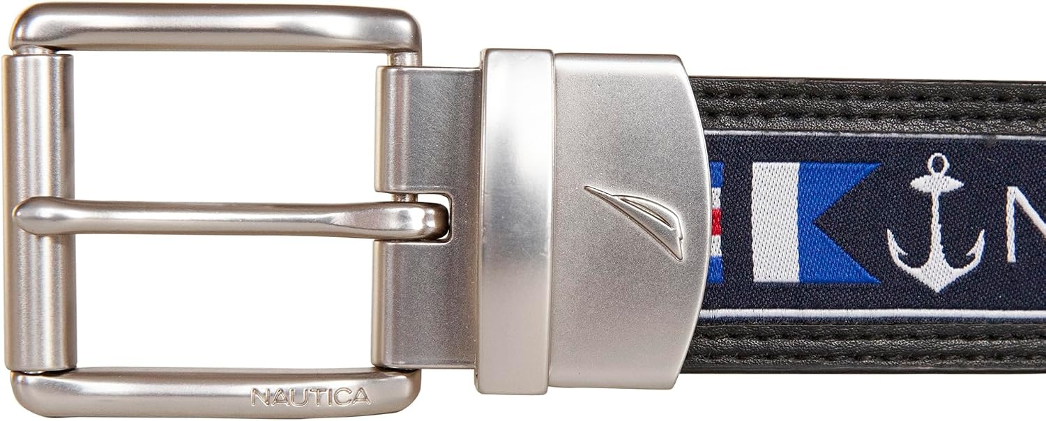 image:imageNautica Mens Reversible Leather Belt 2in1 Classic Everyday Business Work Dress Casual Metal BuckleFlag Pattern Black