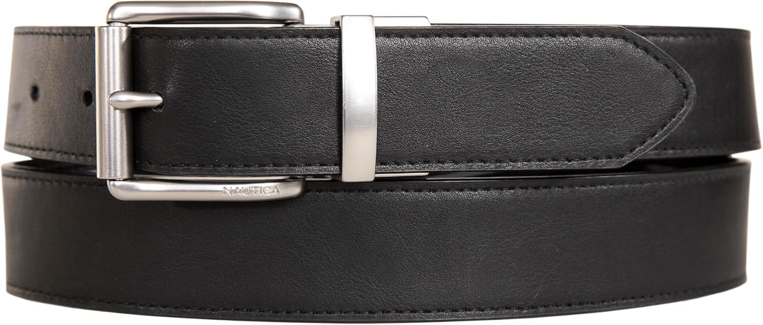 image:imageNautica Mens Reversible Leather Belt 2in1 Classic Everyday Business Work Dress Casual Metal BuckleFlag Pattern Black