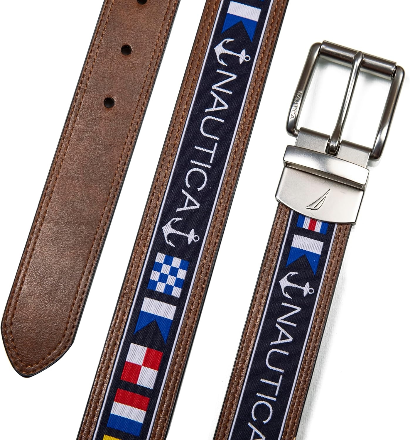 image:imageNautica Mens Reversible Leather Belt 2in1 Classic Everyday Business Work Dress Casual Metal BuckleFlag Pattern Cognac