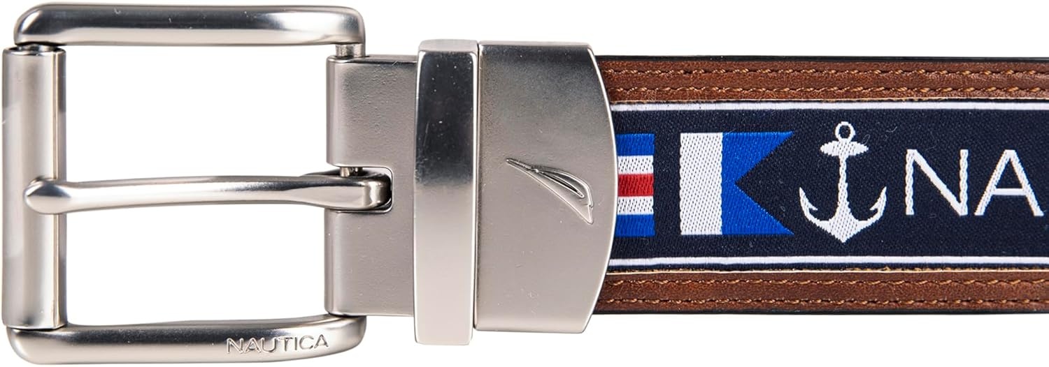 image:imageNautica Mens Reversible Leather Belt 2in1 Classic Everyday Business Work Dress Casual Metal BuckleFlag Pattern Cognac