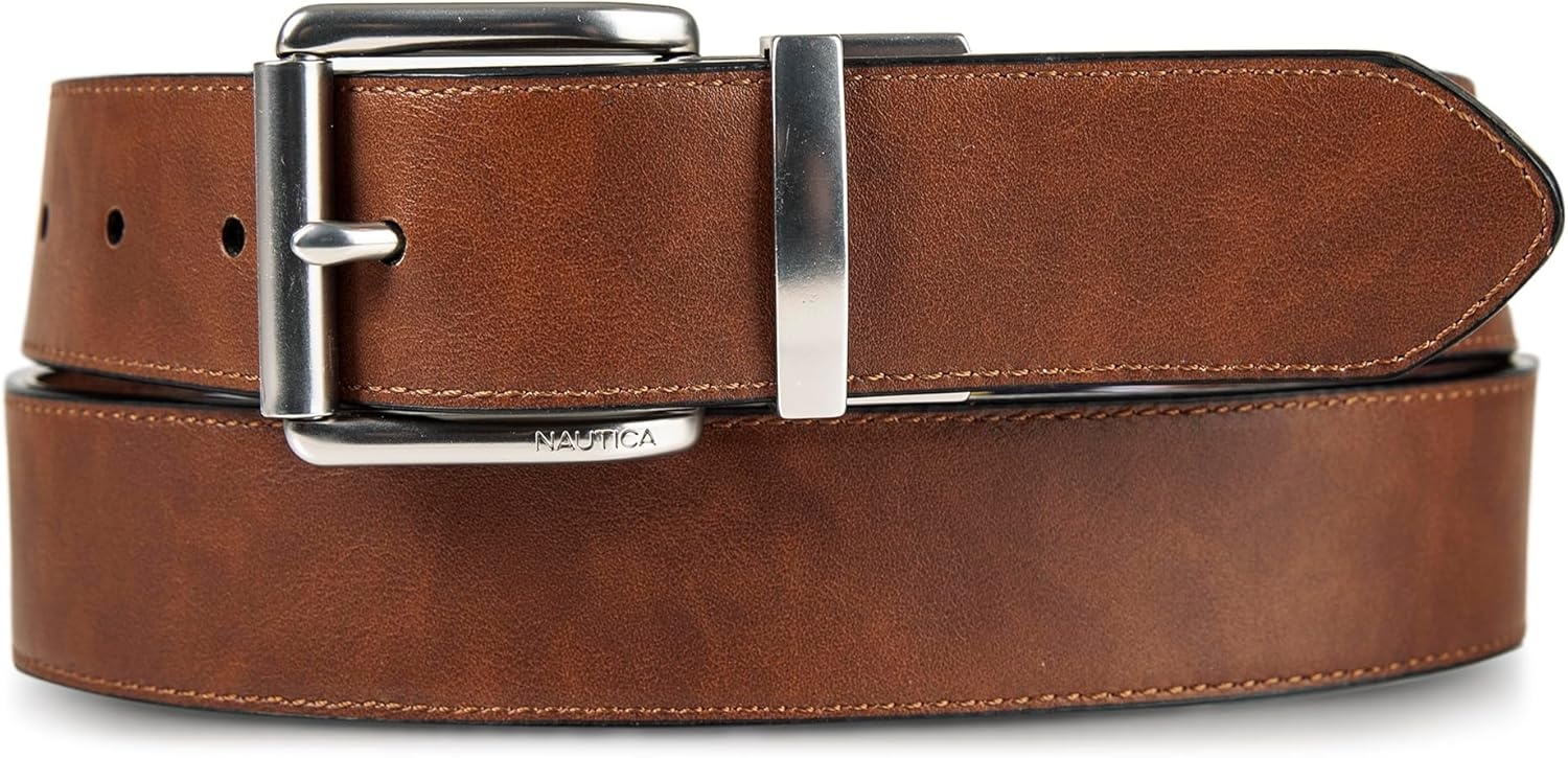 image:imageNautica Mens Reversible Leather Belt 2in1 Classic Everyday Business Work Dress Casual Metal BuckleFlag Pattern Cognac