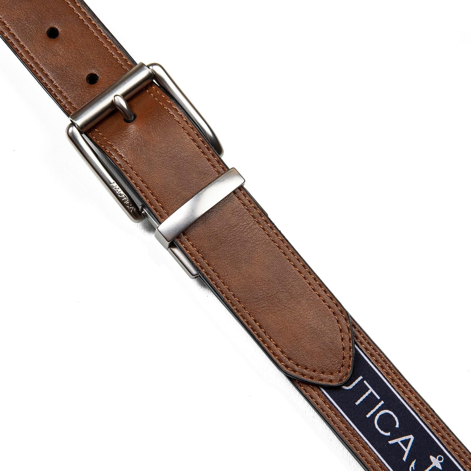image:imageNautica Mens Reversible Leather Belt 2in1 Classic Everyday Business Work Dress Casual Metal BuckleFlag Pattern Cognac