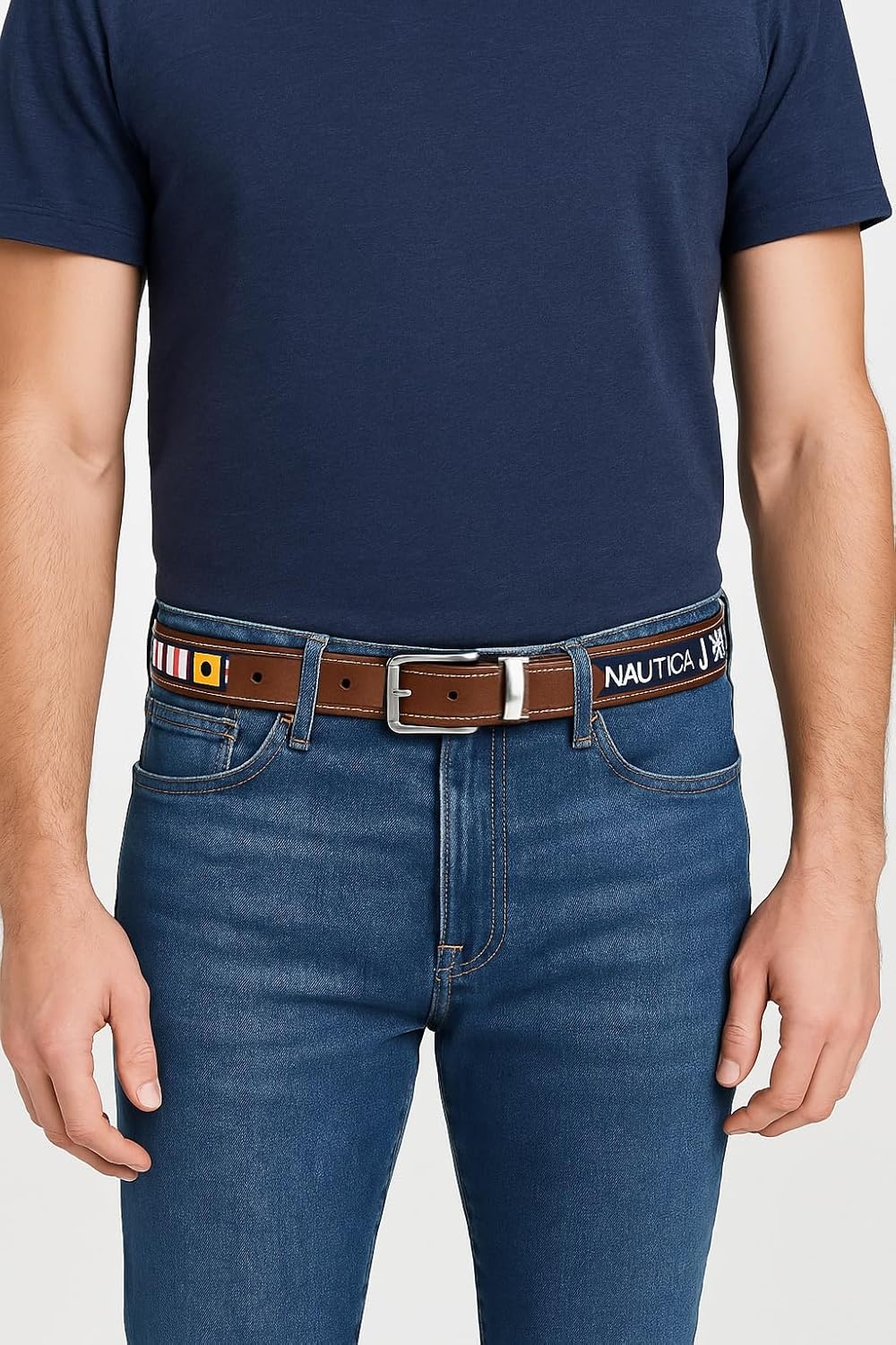 image:imageNautica Mens Reversible Leather Belt 2in1 Classic Everyday Business Work Dress Casual Metal BuckleFlag Pattern Cognac