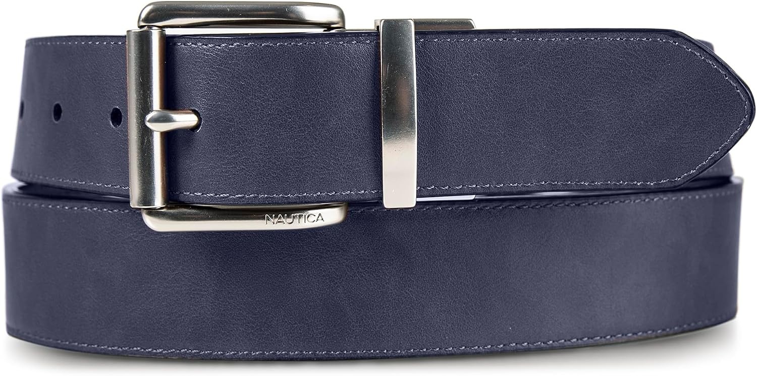 image:imageNautica Mens Reversible Leather Belt 2in1 Classic Everyday Business Work Dress Casual Metal BuckleFlag Pattern Navy