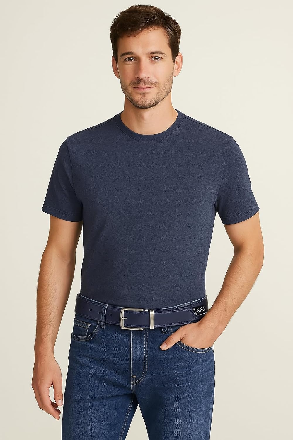 image:imageNautica Mens Reversible Leather Belt 2in1 Classic Everyday Business Work Dress Casual Metal BuckleFlag Pattern Navy