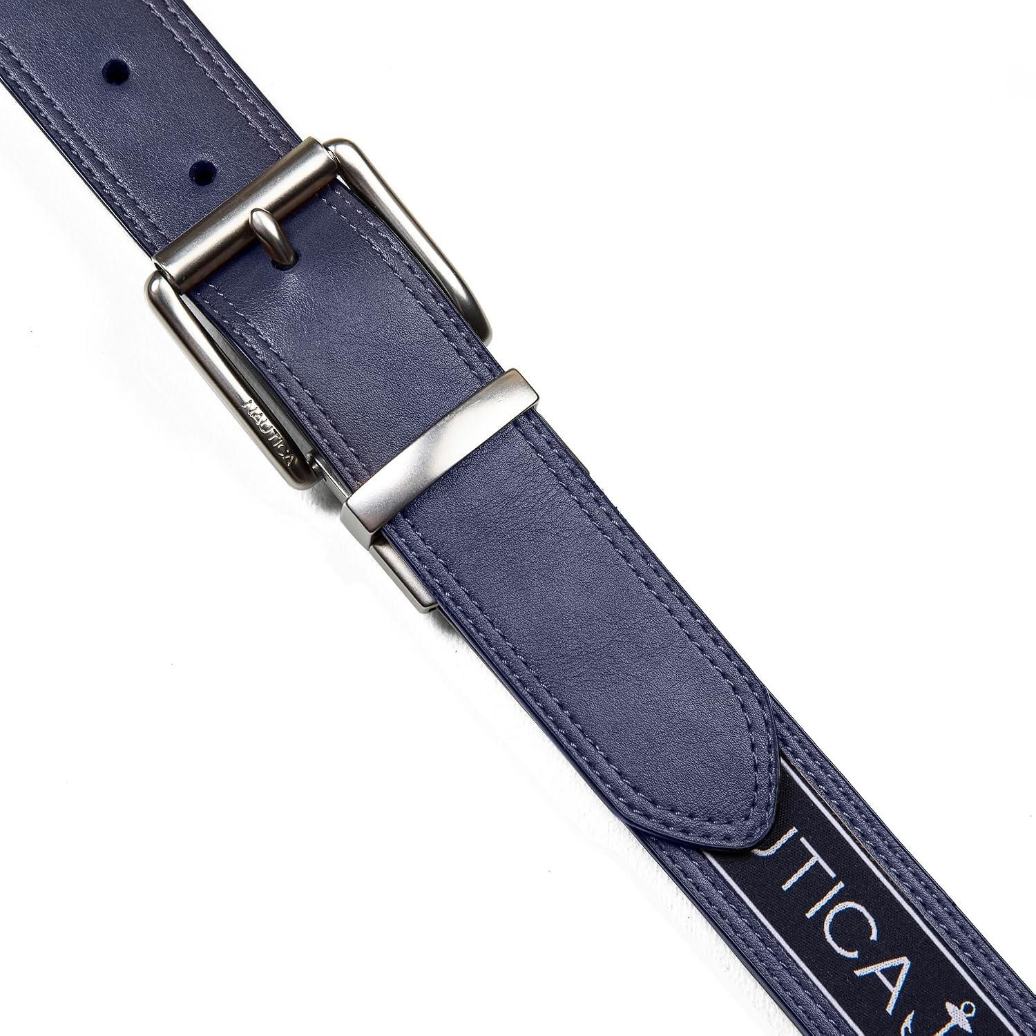 image:imageNautica Mens Reversible Leather Belt 2in1 Classic Everyday Business Work Dress Casual Metal BuckleFlag Pattern Navy
