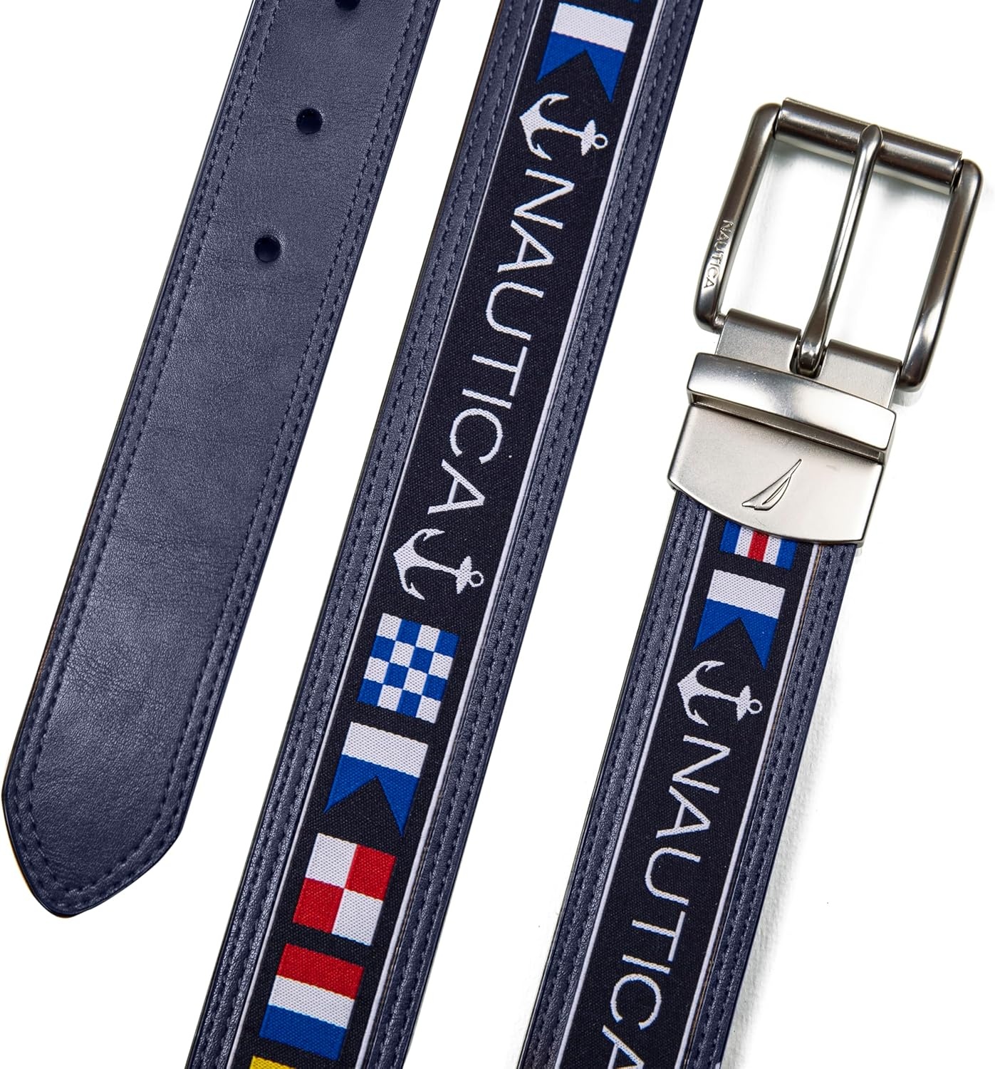 image:imageNautica Mens Reversible Leather Belt 2in1 Classic Everyday Business Work Dress Casual Metal BuckleFlag Pattern Navy