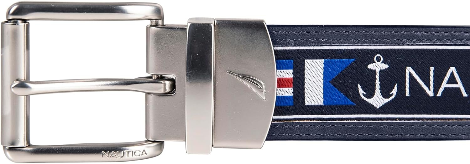 image:imageNautica Mens Reversible Leather Belt 2in1 Classic Everyday Business Work Dress Casual Metal BuckleFlag Pattern Navy