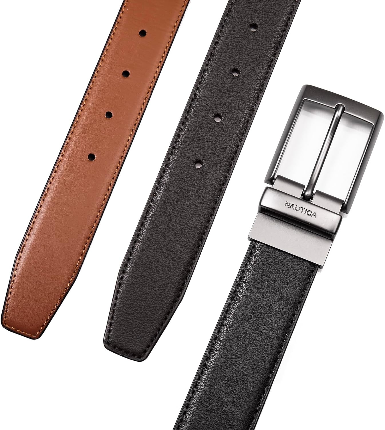 image:imageNautica Mens Reversible Leather Belt 2in1 Classic Everyday Business Work Dress Casual Metal BuckleGunmetal Logo BlackCognac
