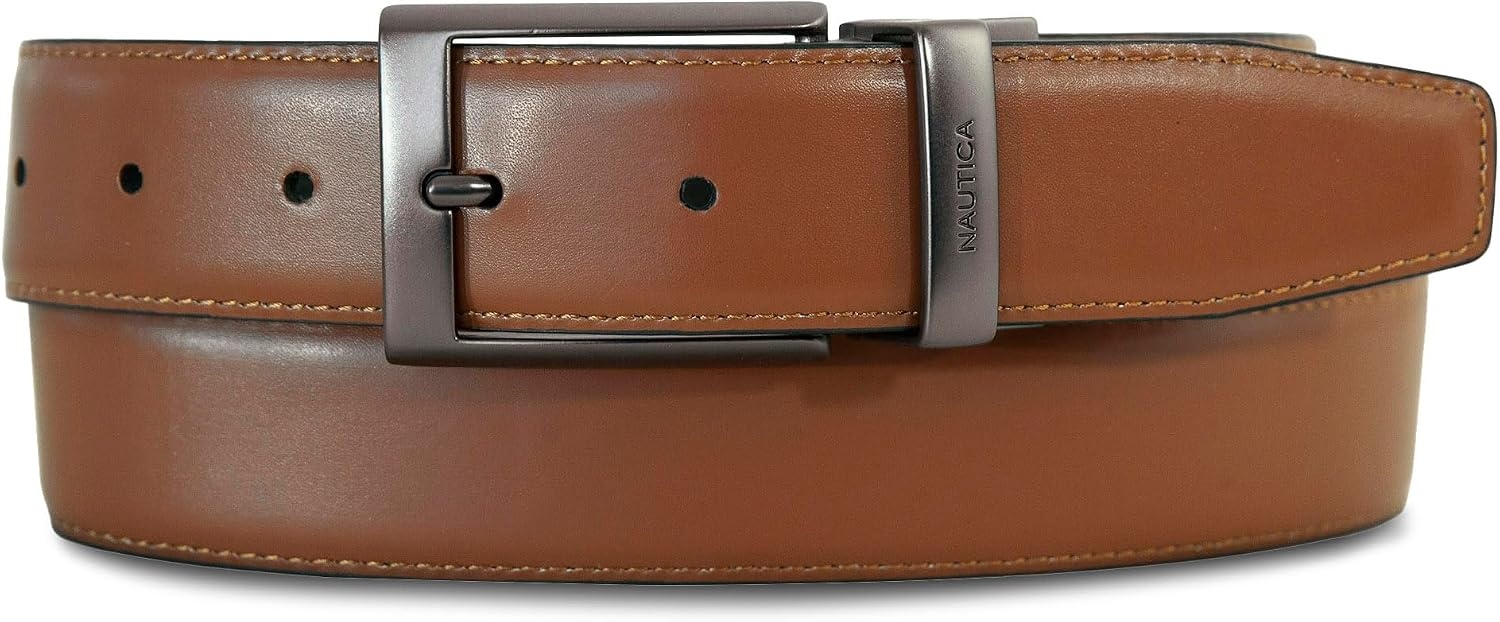 image:imageNautica Mens Reversible Leather Belt 2in1 Classic Everyday Business Work Dress Casual Metal BuckleGunmetal Logo BlackCognac