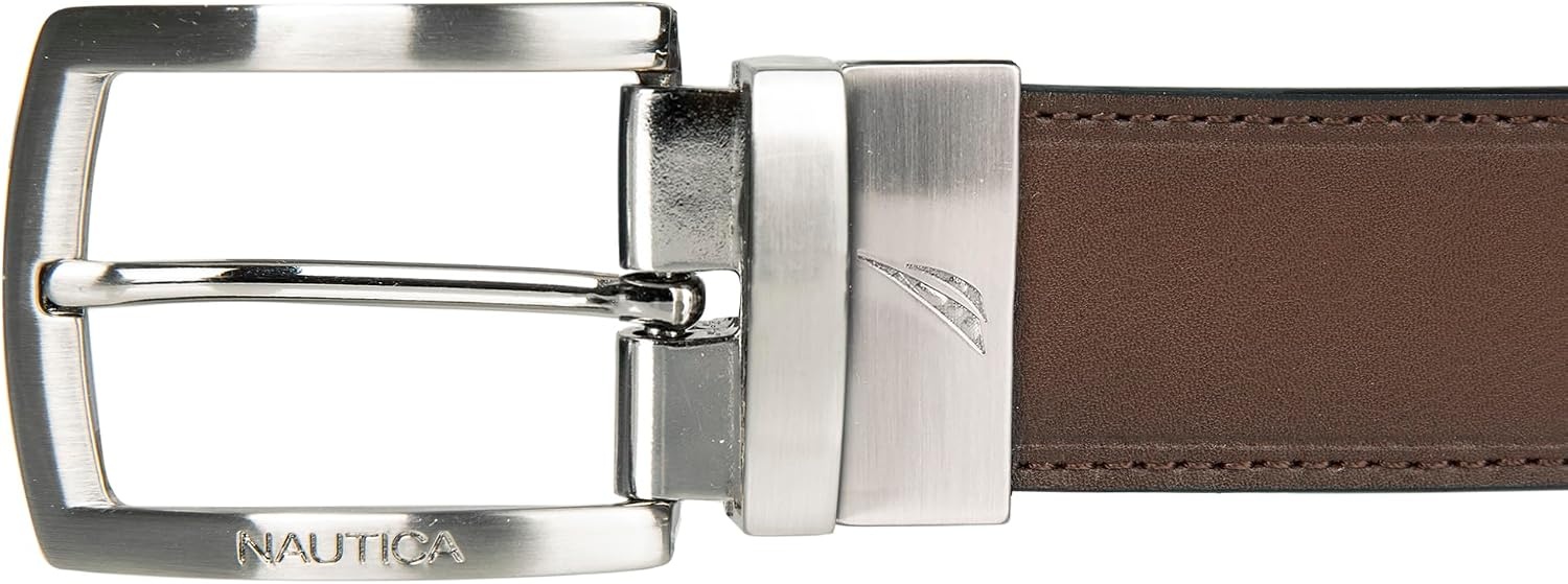 image:imageNautica Mens Reversible Leather Belt 2in1 Classic Everyday Business Work Dress Casual Metal BuckleNickle Logo BlackBrown