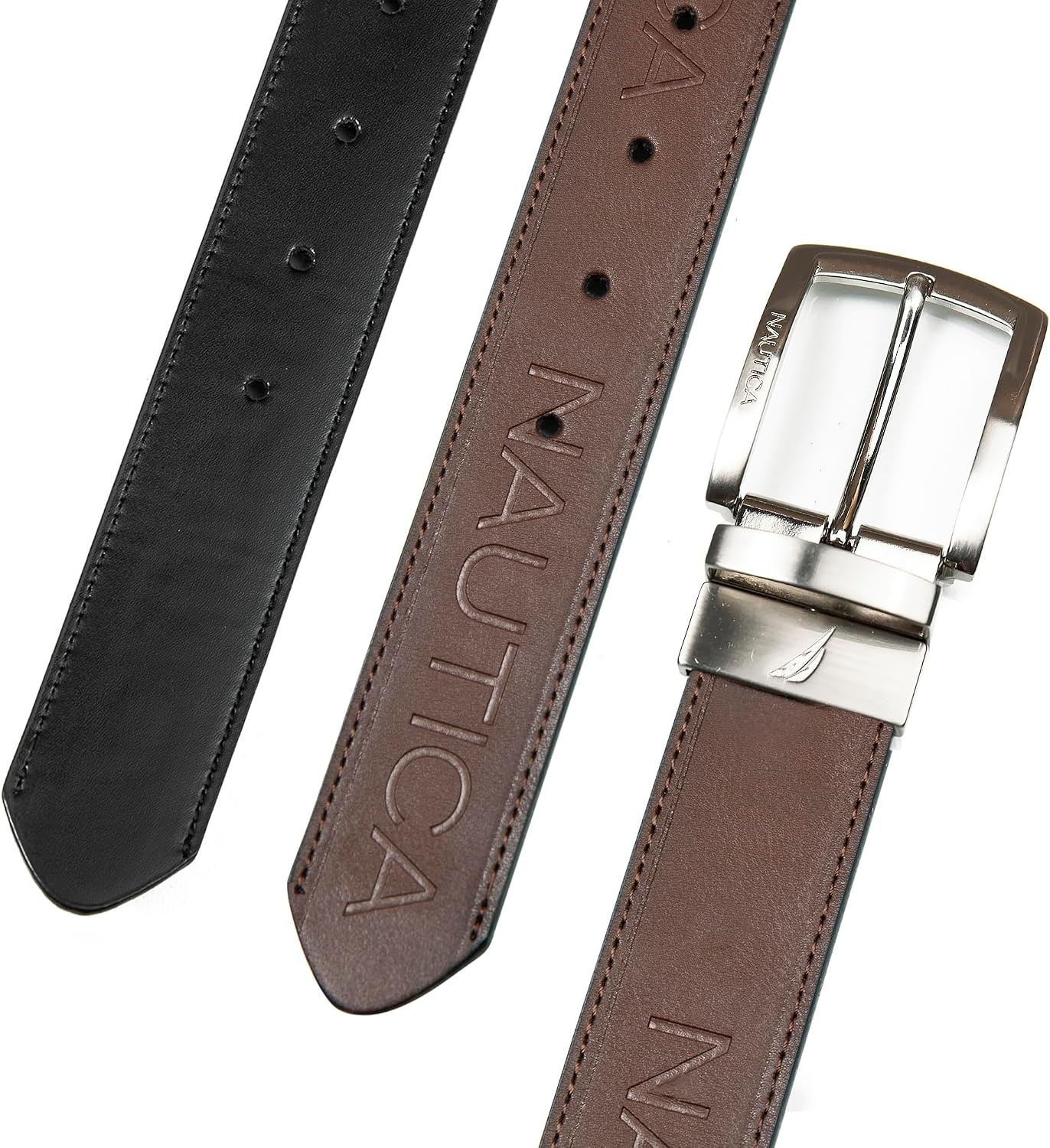 image:imageNautica Mens Reversible Leather Belt 2in1 Classic Everyday Business Work Dress Casual Metal BuckleNickle Logo BlackBrown