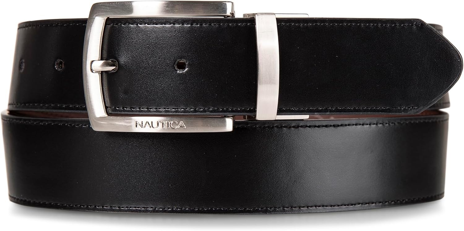 image:imageNautica Mens Reversible Leather Belt 2in1 Classic Everyday Business Work Dress Casual Metal BuckleNickle Logo BlackBrown