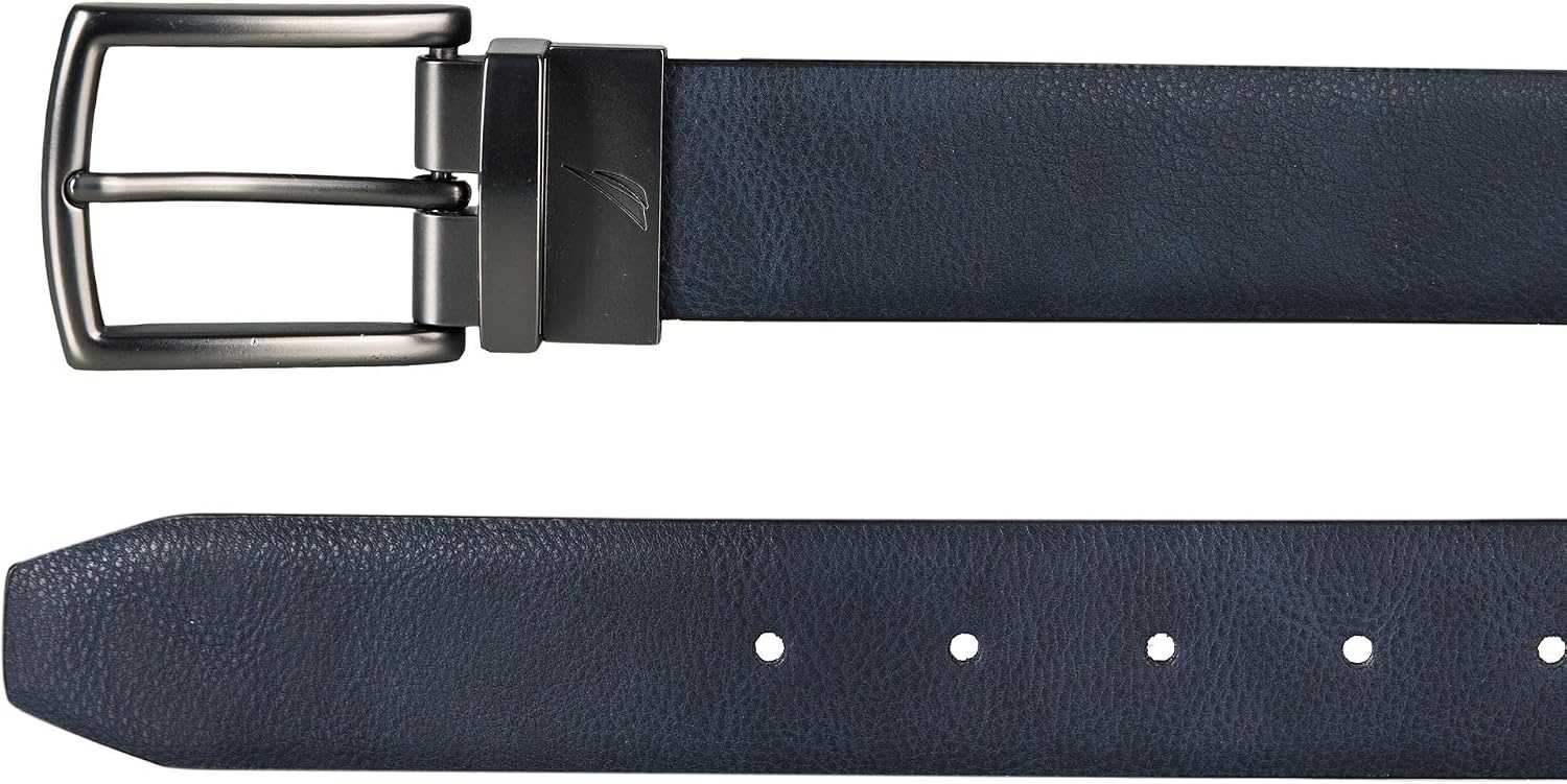 image:imageNautica Mens Reversible Leather Belt 2in1 Classic Everyday Business Work Dress Casual Metal BucklePebbled NavyBlack