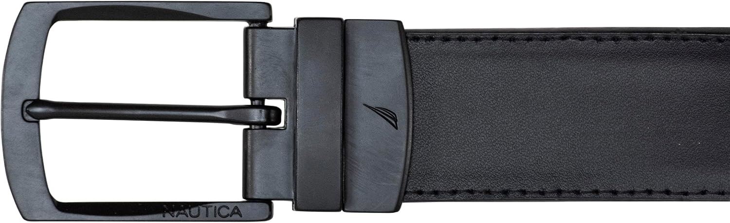 image:imageNautica Mens Reversible Leather Belt 2in1 Classic Everyday Business Work Dress Casual Metal BuckleSignature Logo Black RibbonLeather