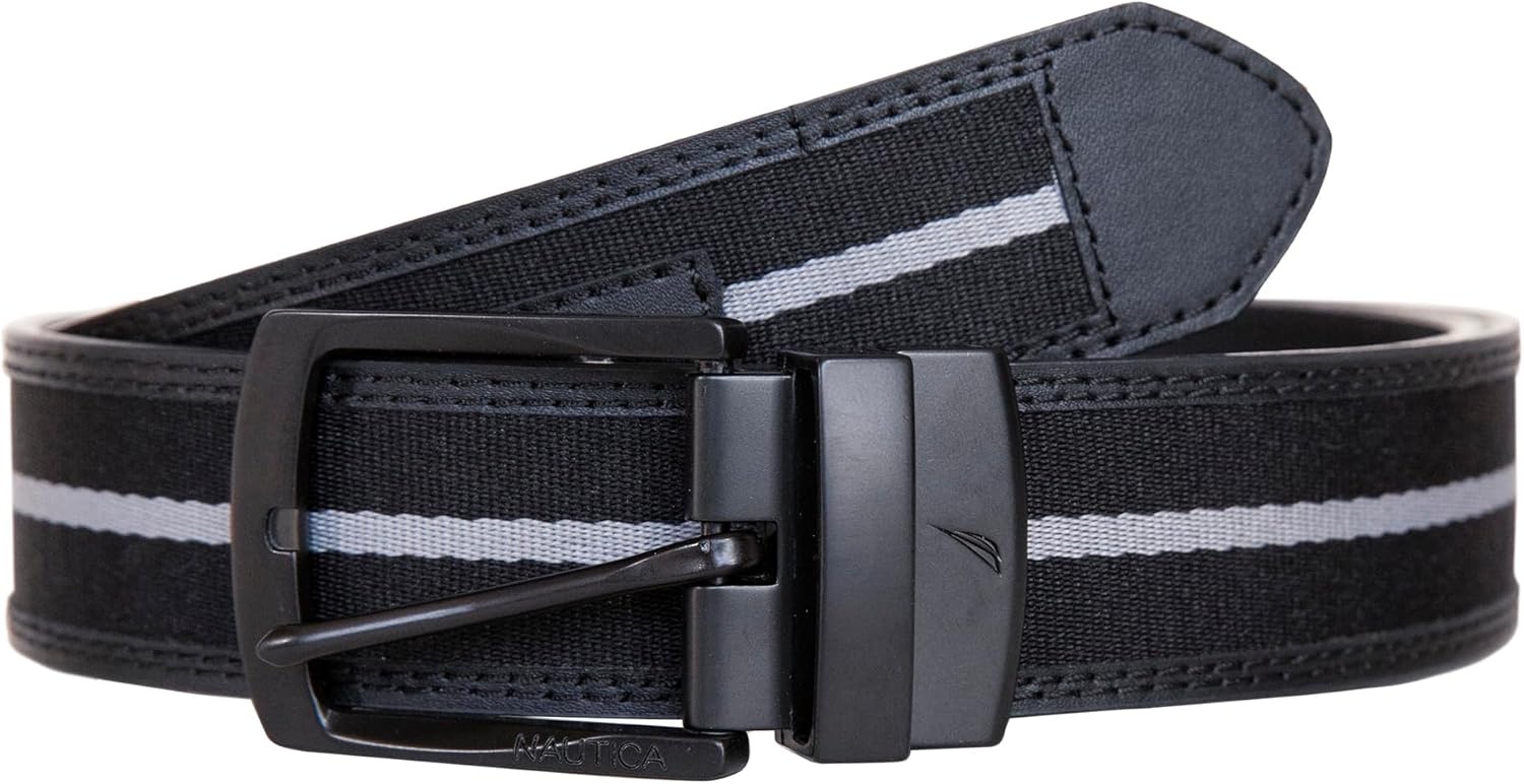 image:imageNautica Mens Reversible Leather Belt 2in1 Classic Everyday Business Work Dress Casual Metal BuckleSignature Logo Black RibbonLeather