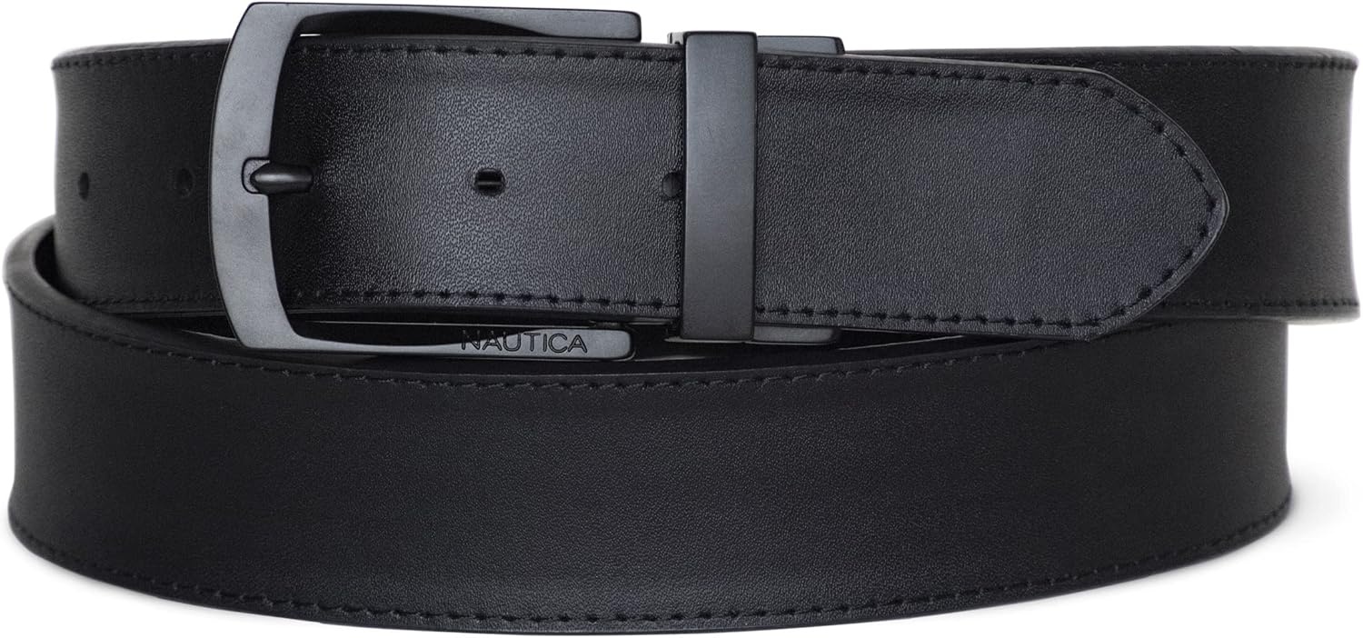 image:imageNautica Mens Reversible Leather Belt 2in1 Classic Everyday Business Work Dress Casual Metal BuckleSignature Logo Black RibbonLeather