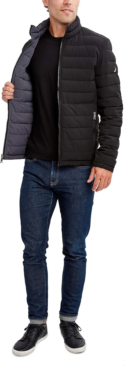 image:imageNautica Mens Reversible Quilted Puffer Jacket Midweight Mechanical Stretch Winter CoatBlack Ink
