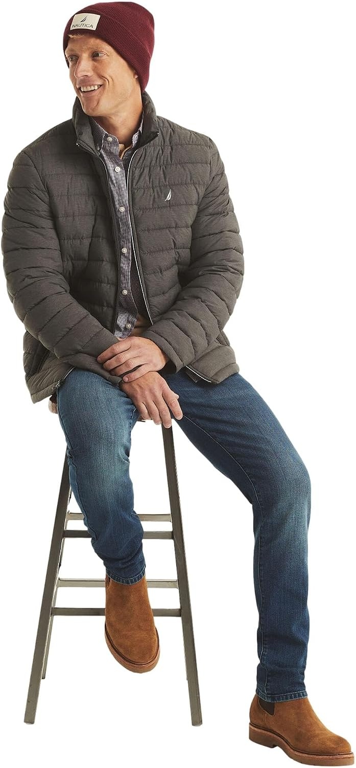 image:imageNautica Mens Reversible Quilted Puffer Jacket Midweight Mechanical Stretch Winter CoatCharcoal Grey