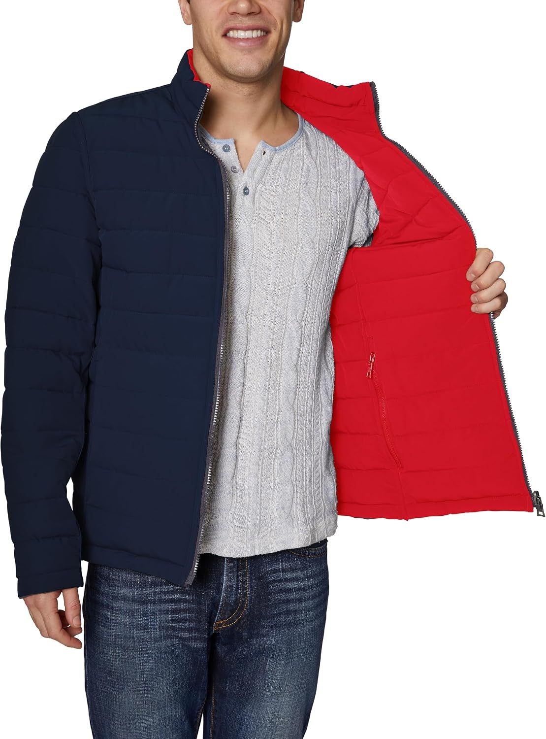 image:imageNautica Mens Reversible Quilted Puffer Jacket Midweight Mechanical Stretch Winter CoatDeep Navy