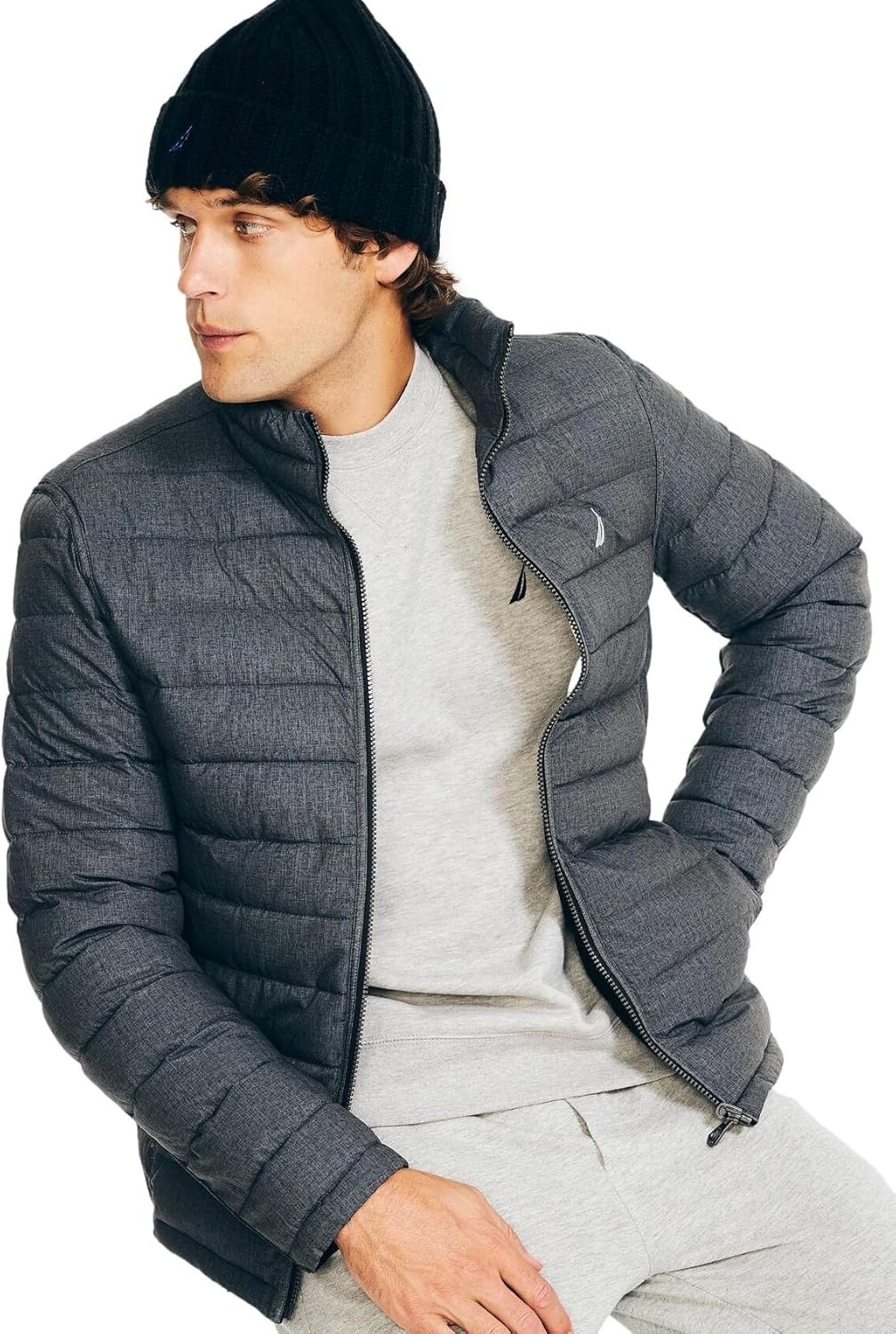image:imageNautica Mens Reversible Quilted Puffer Jacket Midweight Mechanical Stretch Winter CoatGreyblack