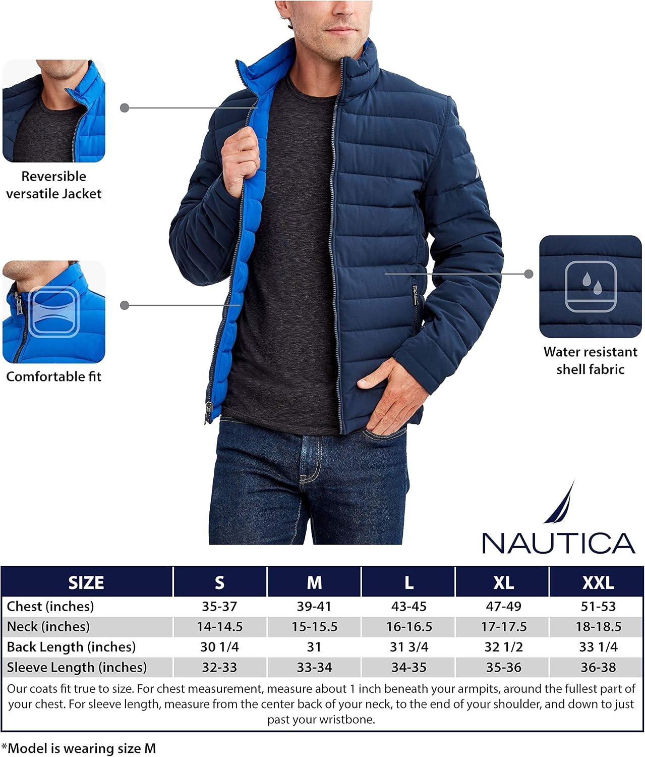 image:imageNautica Mens Reversible Quilted Puffer Jacket Midweight Mechanical Stretch Winter CoatMidnight