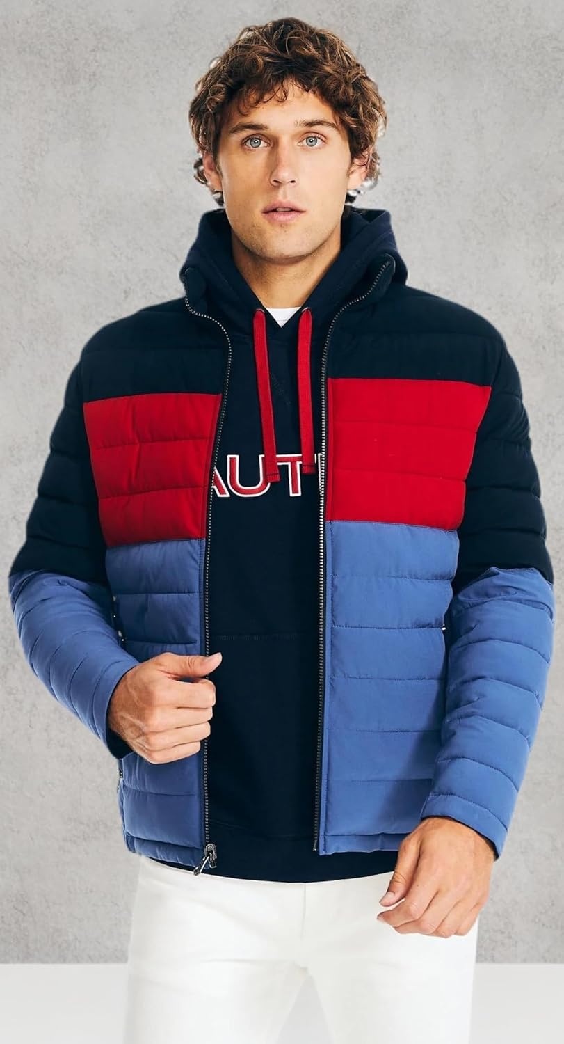 image:imageNautica Mens Reversible Quilted Puffer Jacket Midweight Mechanical Stretch Winter CoatNavyred