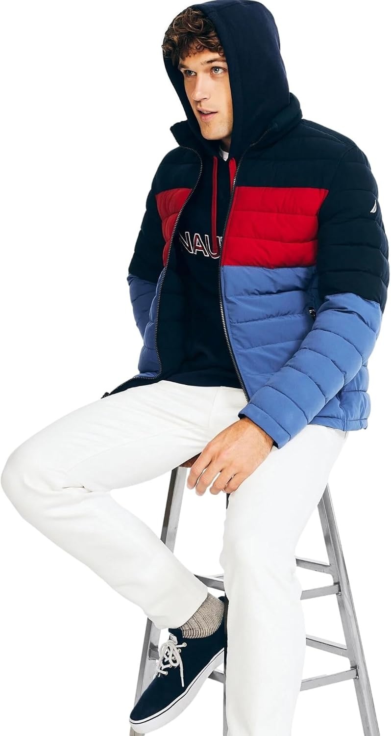 image:imageNautica Mens Reversible Quilted Puffer Jacket Midweight Mechanical Stretch Winter CoatNavyred