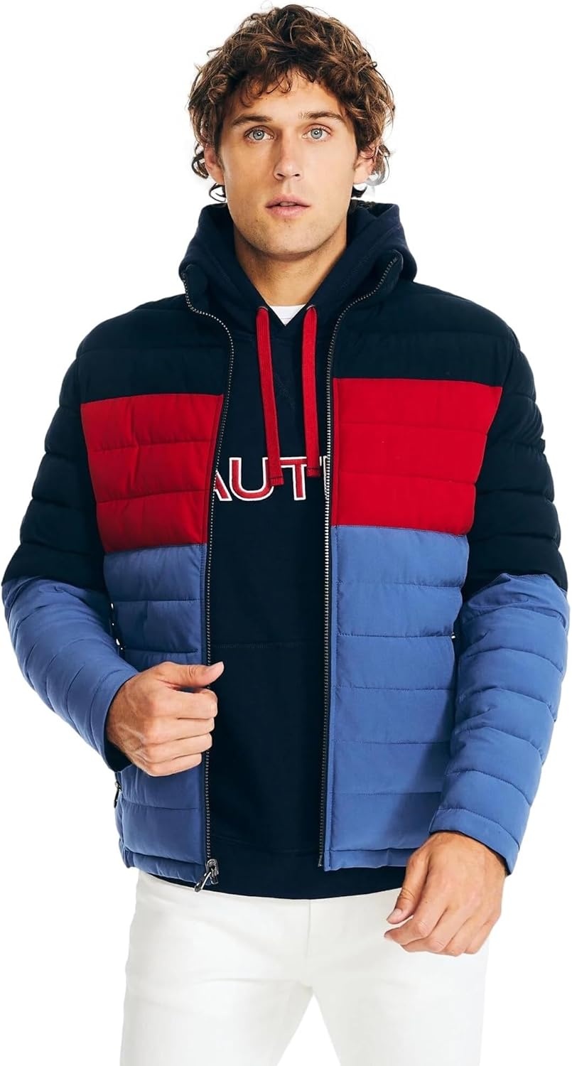 image:imageNautica Mens Reversible Quilted Puffer Jacket Midweight Mechanical Stretch Winter CoatNavyred