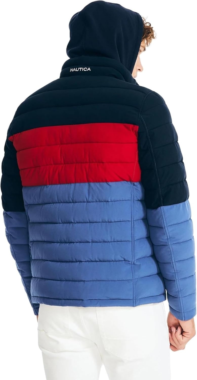 image:imageNautica Mens Reversible Quilted Puffer Jacket Midweight Mechanical Stretch Winter CoatNavyred